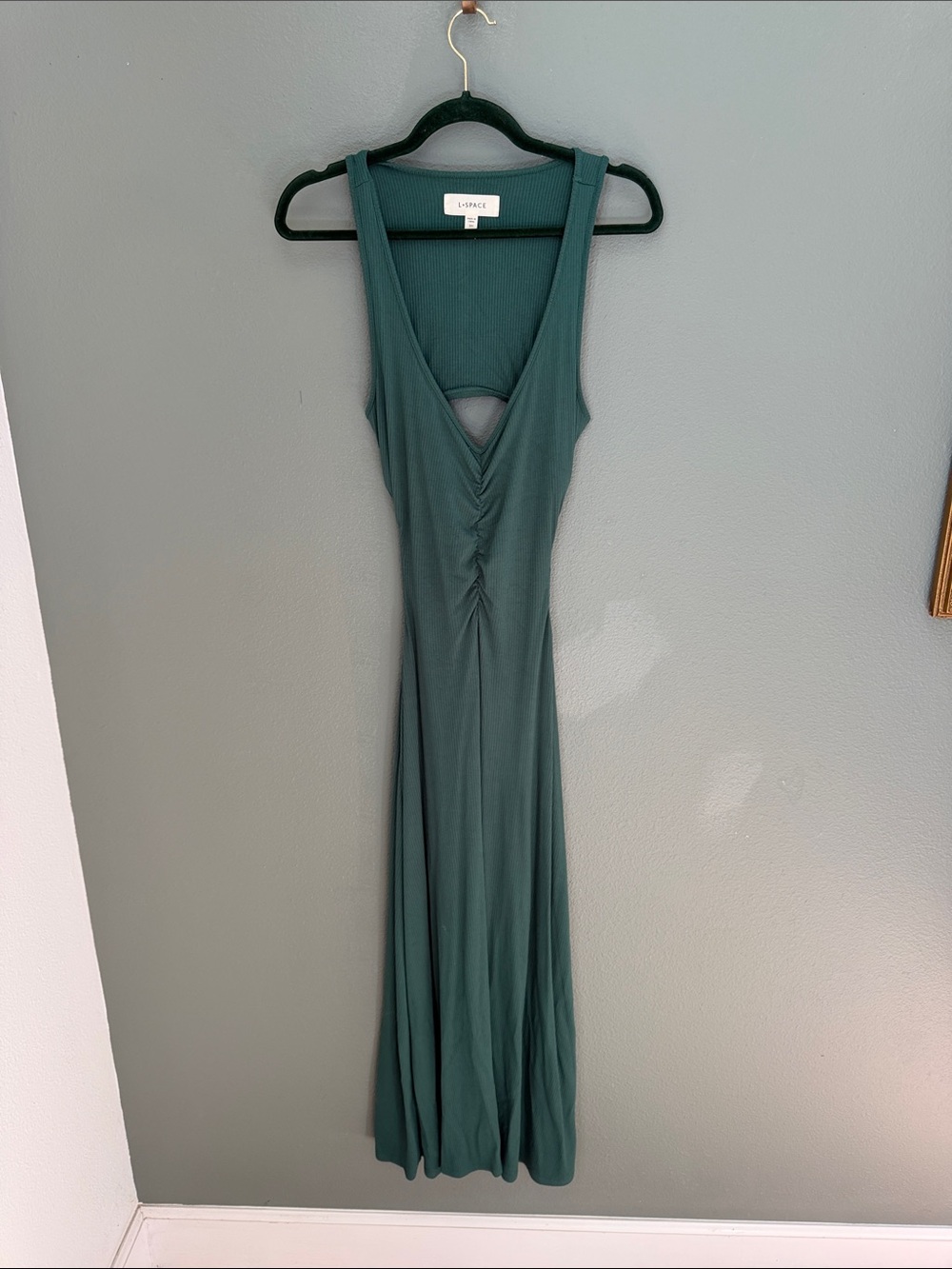 L Space Ribbed Bodycon Maxi Dress Emerald Green Sz S Open Back